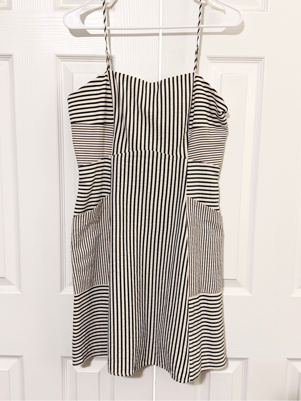 Striped Spaghetti Strap Mini Dress - Black & White